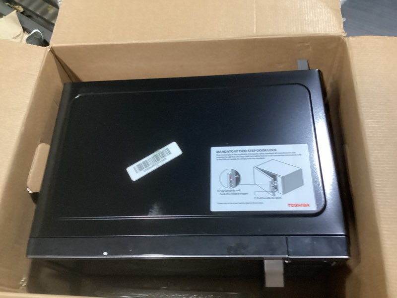 Condition photo showing As Is for TOSHIBA ML-EM09PA(BS) Small Microwave Oven with 6 Auto Menus, Mute Function & Child Lock, LED Lighting, 0.9 Cu Ft, 10.6 Inch Removable Turntable, 900W, Countertop, Black Stainless Steel Advanced-0.9 Cu Ft-900W-Black Stainless Steel