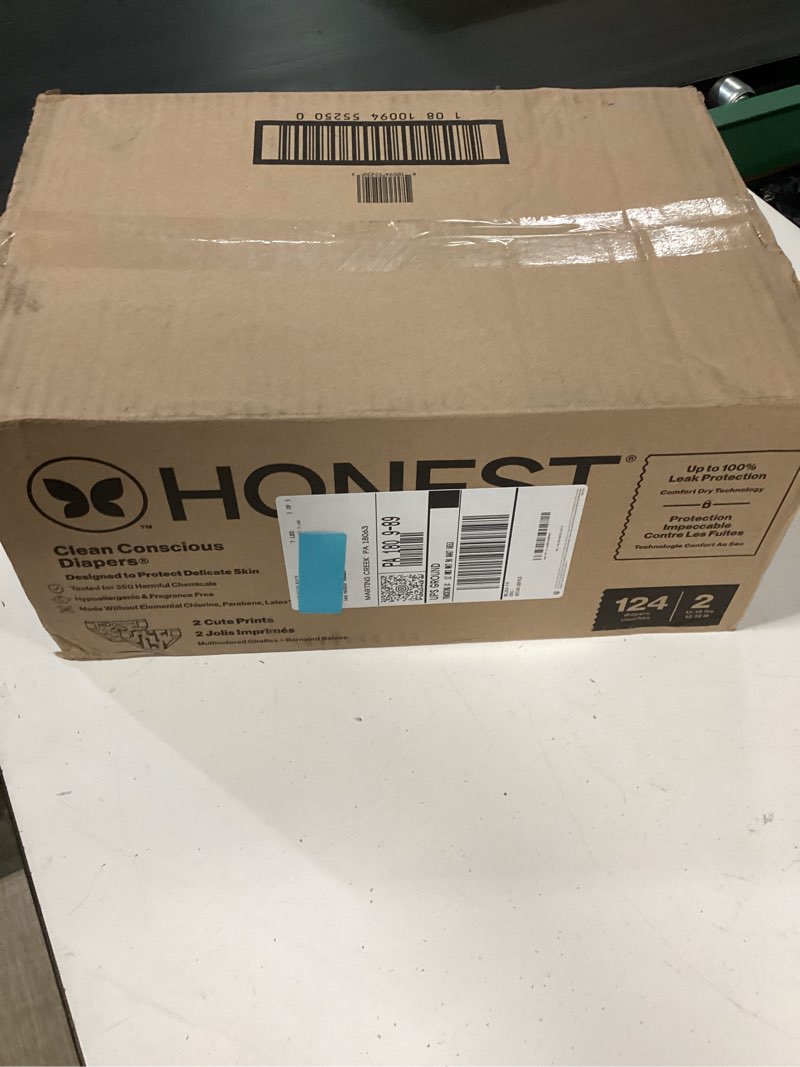 Condition photo showing New/Like New for The Honest Company Comfort Dry Disposable Diapers for Sensitive Skin, Hypoallergenic, Fragrance-Free, Multi-Colored Giraffes + Barnyard Babies, Super Club Box Size 2 (12-18 lbs), 124 Count Size 2 (124 Count) Multi-colored Giraffes + Barnyard Babies