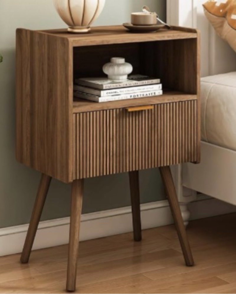 Nightstand,Modern Bedside Table with Storage Drawer and Open Wood Shelf, for Living Room, Bedroom and Small Spaces, Accent Night Stand with Solid Wood Legs, Easy Assembly,Walnut Brown