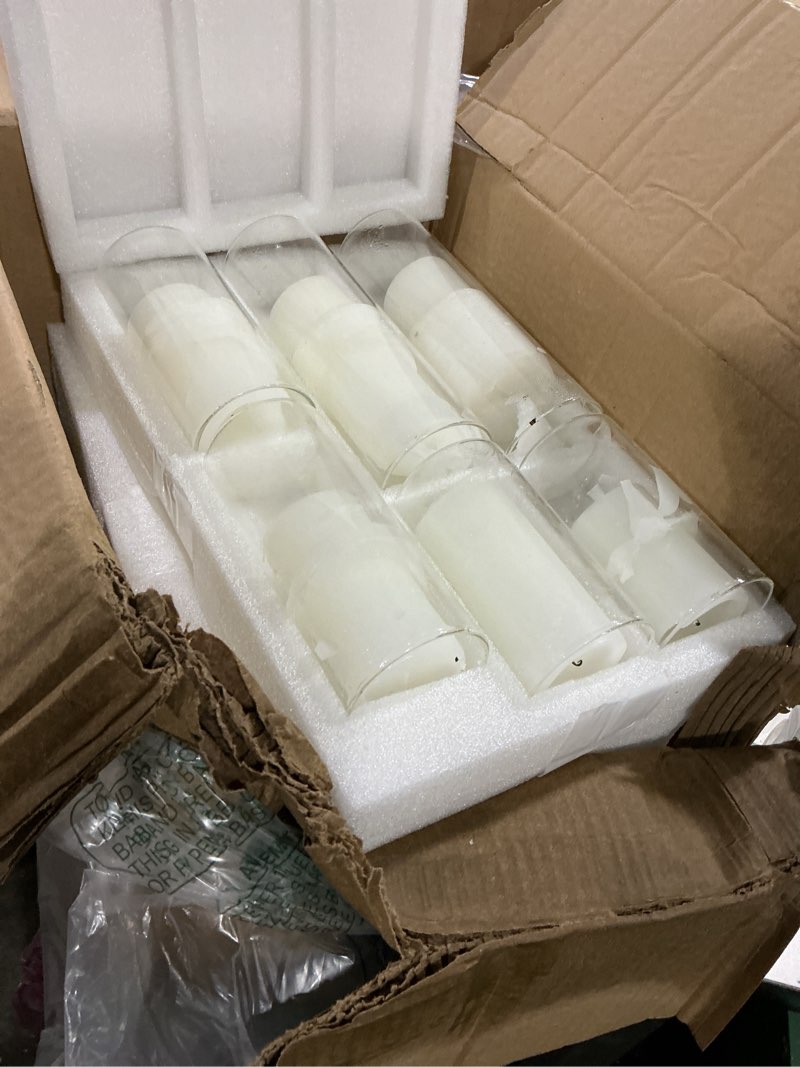 Condition photo showing As Is for shihanee 36 pcs pillar candles and glass cylinder vases tall cylinder holders for pillar candles wedding centerpieces, total 18 sets(2.6'' x 4.7'', 5.9'', 7.9'',clear,white) clear,white 2.6'' x 4.7'', 5.9'', 7.9''