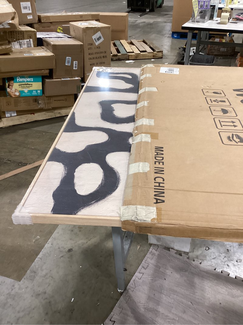 Condition photo showing Good Condition for framed abstract neutral horizontal wall art for living room, black beige mid century modern artwork 