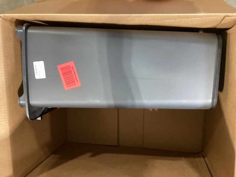 Condition photo showing As Is for rubbermaid premier series iii step-on trash can for home and kitchen, with stainless steel rim, 12.4 gallon, charcoal, for home/kitchen/garage/apartment/office metal rim, resin lid (missing lid)
