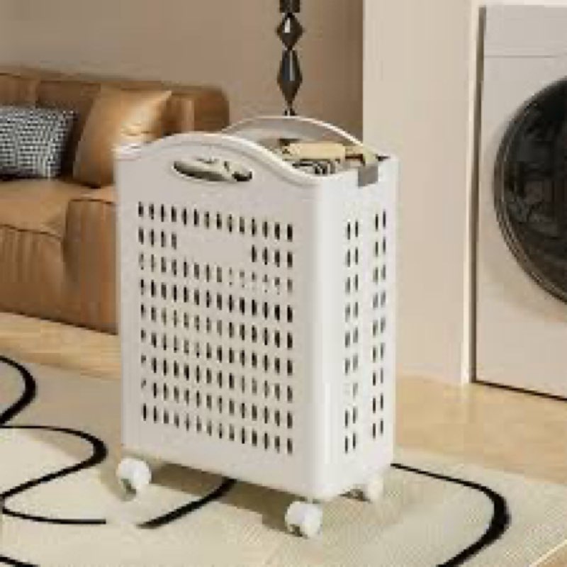 Moocorvic Collapsible Plastic Laundry Baskets With Moving Wheels, Foldable Laundry Hamper for Bathroom,White