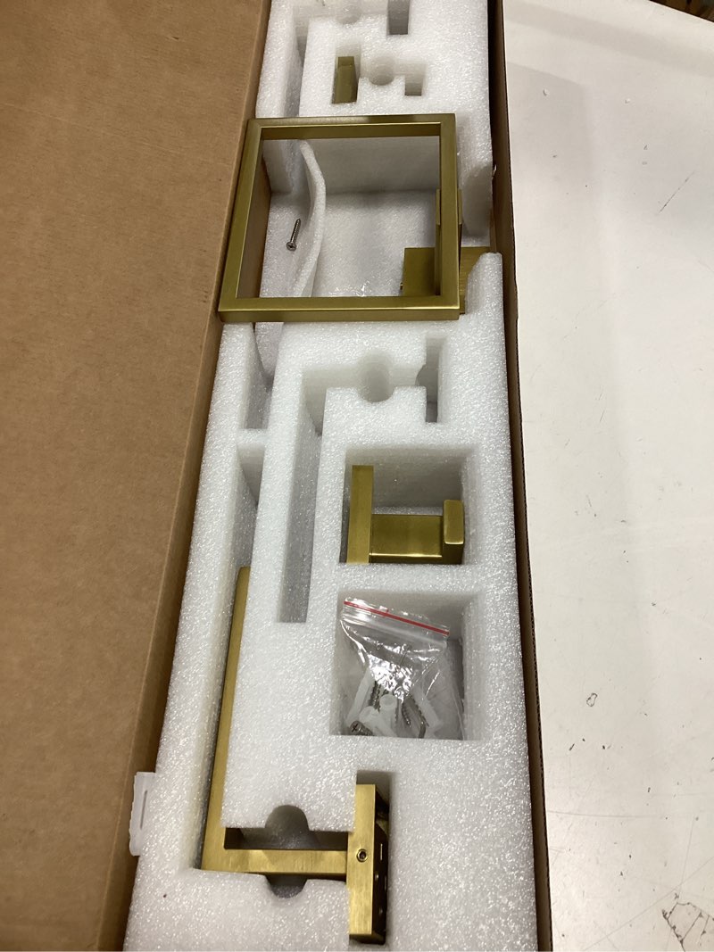 Condition photo showing Good Condition for TNOMS Brushed Gold Towel Bar Set Bathroom Hardware Set, 5 Pieces Gold Bathroom Accessories Set Stainless Steel Wall Mounted Towel Holder for Bathroom 23.6in