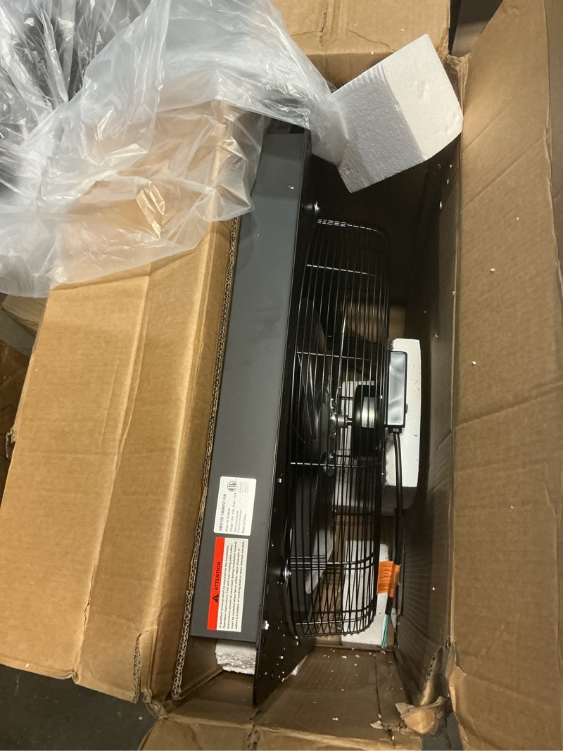 Condition photo showing New/Like New for 24" wall mounted shutter exhaust fan, 3500 cfm aluminum blades, 1500 rpm high speed low noise, automatic shutter attic fan with exhaust and intake for home attic garage greenhouse shed basement,black black 24in