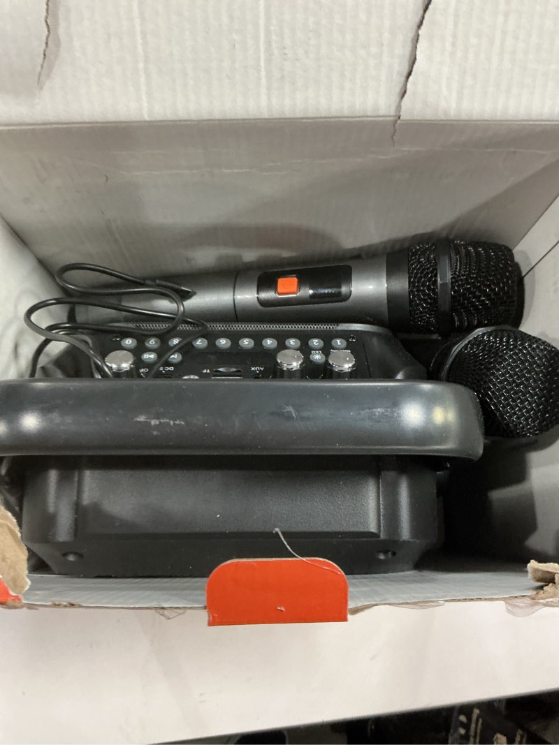 Condition photo showing As Is for Karaoke Machine, Portable Bluetooth Speaker with 2 Wireless Microphones for Adults & Kids with Lights, Karaoke Microphone with PA System Supports USB/TF/REC/FM/AUX for Home Party Home System Packages Black