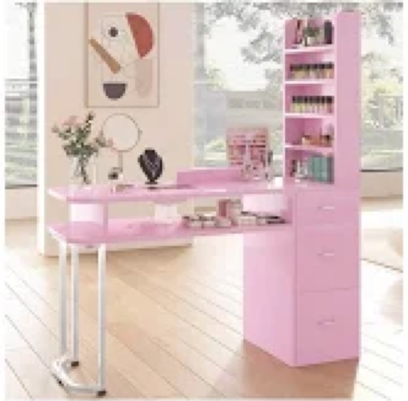 TABU 57\\\"H Manicure Table,Nail Table for Nail Tech with Storage Drawers,Wrist Pad,Beauty Salon,Pink