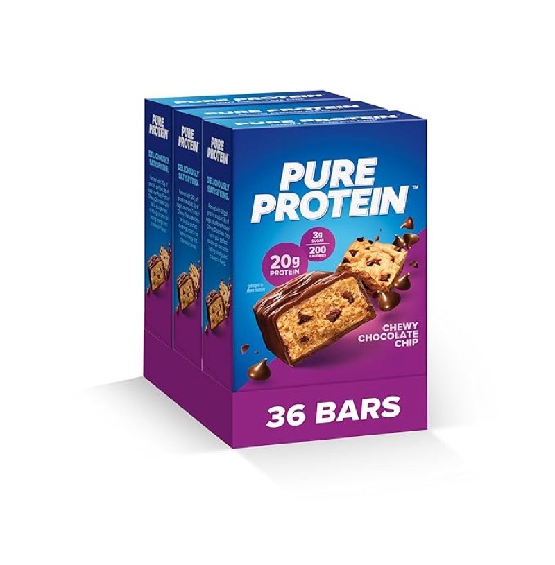 (Exp date :08/MAY/2026)Pure Protein Chewy Chocolate Chip Protein Bars – 20g Protein, 3g Sugar, 190 Calories (36 count) Low Sugar* High Protein Snack - Gluten Free - Perfect for a Healthy Snack
