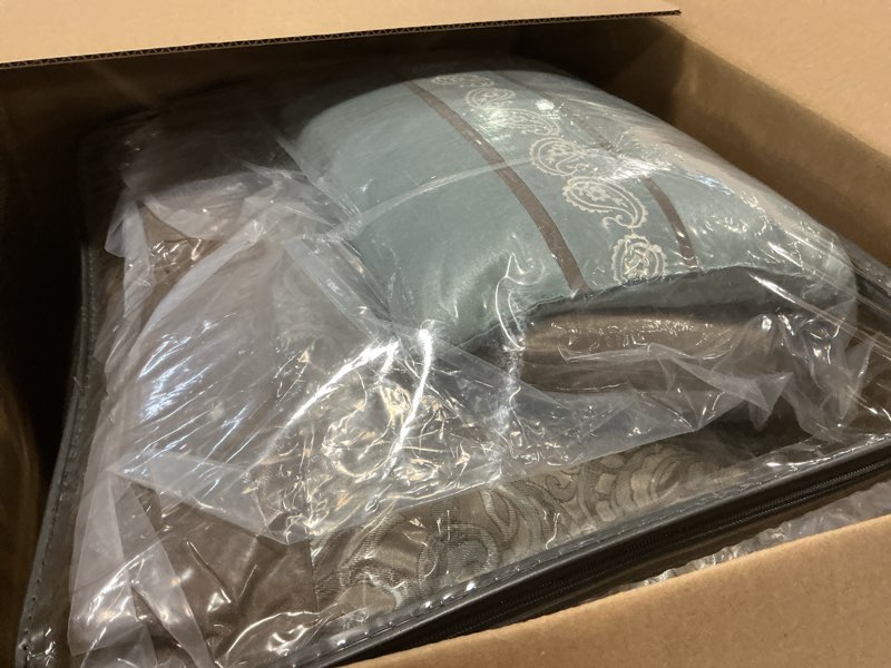 Condition photo showing As Is for Madison Park Essentials Brystol 24 Piece Room in a Bag Faux Silk Comforter Jacquard Paisley Design Matching Curtains Down Alternative Hypoallergenic All Season Bedding-Set, Queen (90 in x 90 in), Blue Blue Queen (90 in x 90 in) Paisley