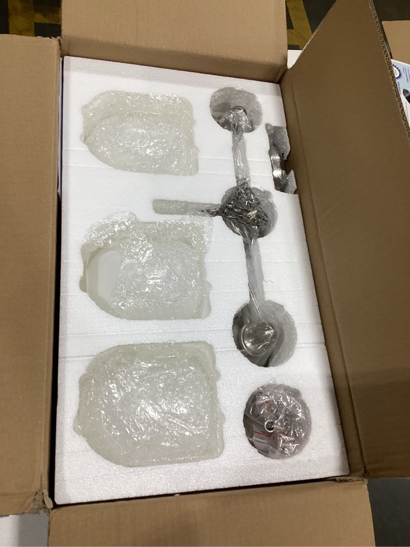 Condition photo showing Good Condition for keonjinn 3-light brushed nickel vintage bathroom light fixtures over mirror | 2x thicker frosted glass, ul listed e26 base(bulbs not included), reversible vanity lights for mirror, sculpted metal design brushed nickel 3-light