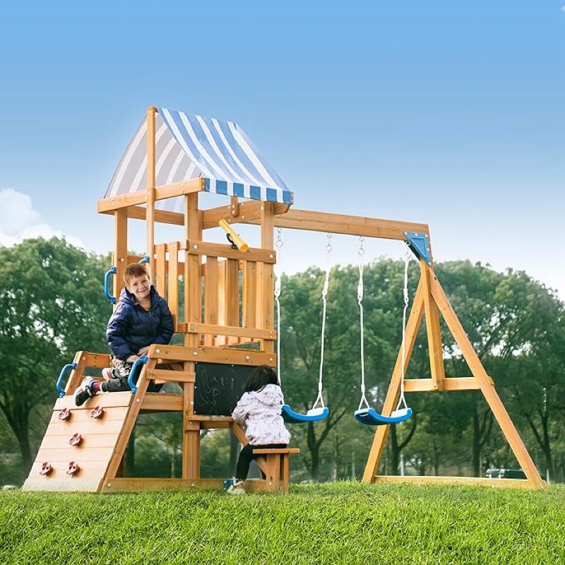 robotime wooden swing set for backyard, all-in-one kids outdoor play equipment with swings, slide, climbing rope ladder, outdoor swing playset for kids ages 3-10
