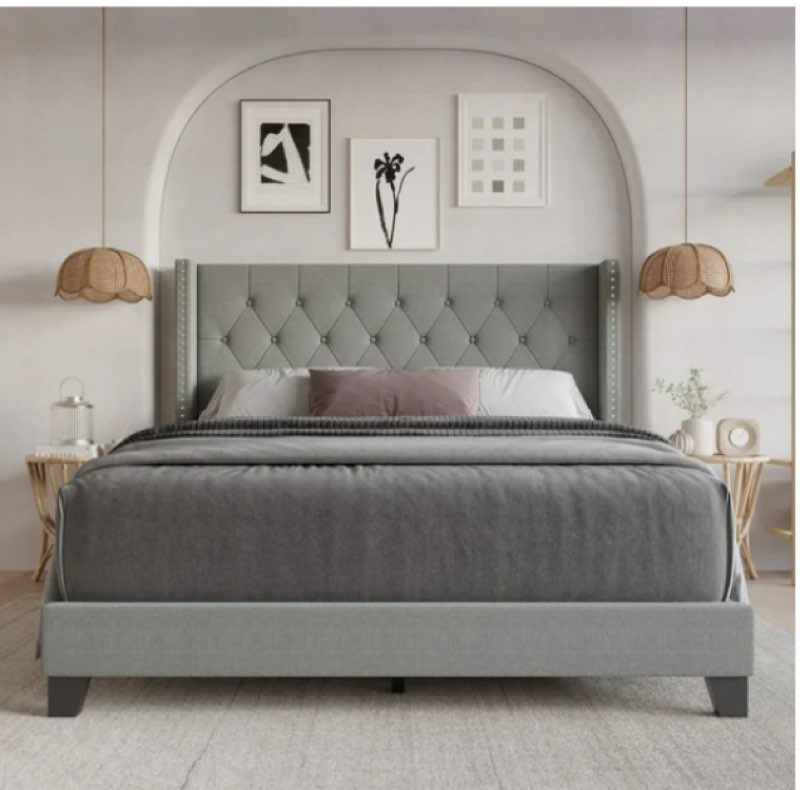Home Design Homer Queen Button-Tufted Wingback Upholstered Panel Bed with Nailhead Trim design for Adult, Gray, Easy Assembly