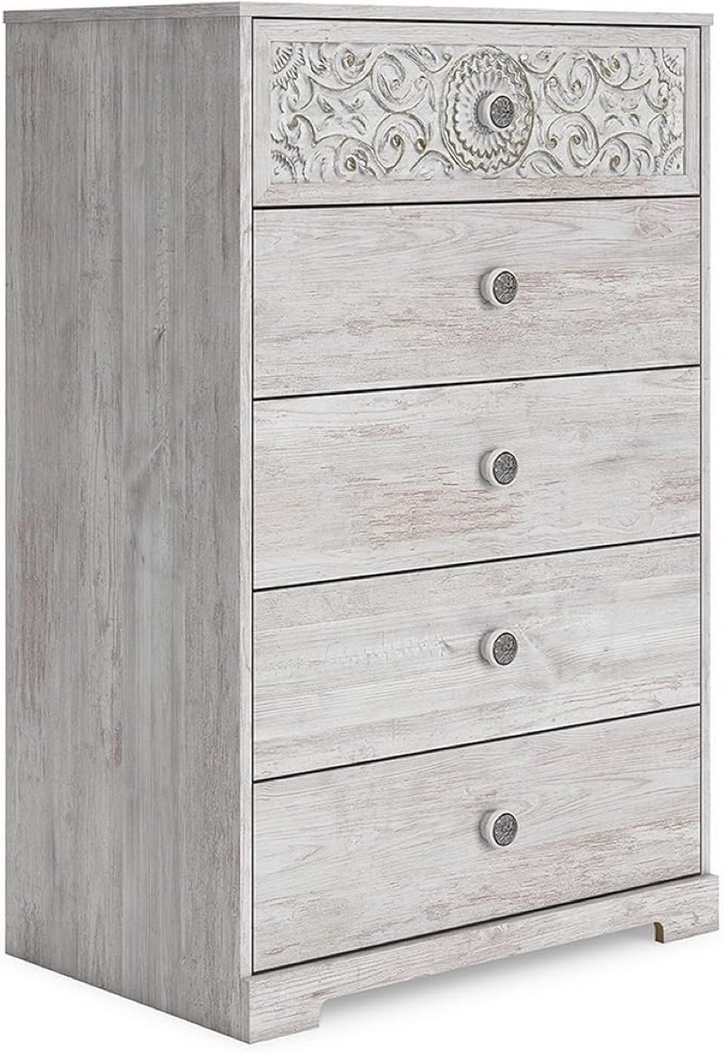 Benjara 46 Inch 5 Drawer Modern Tall Dresser Chest, Whitewashed Carved Design Wood, White