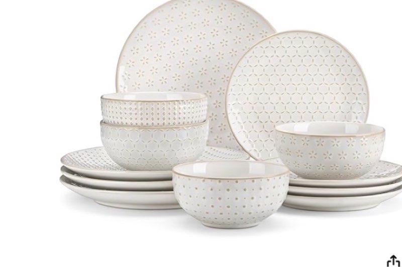 malacasa 12 pieces dinnerware sets, modern relief design plates and bowls sets, white dish set for 4, kitchen ceramic dinner plates dishware set, microwave and dishwasher safe, series lydia