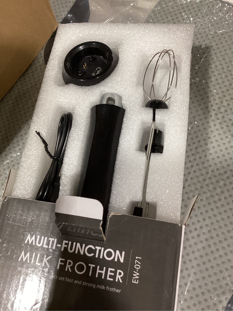 Condition photo showing As Is for rechargeable milk frother handheld with 3 detachable stainless steel whisks, 3 speed adjustable electric whisk foam maker, handheld drink mixer, frother wand for coffee, with storage and charging base black
