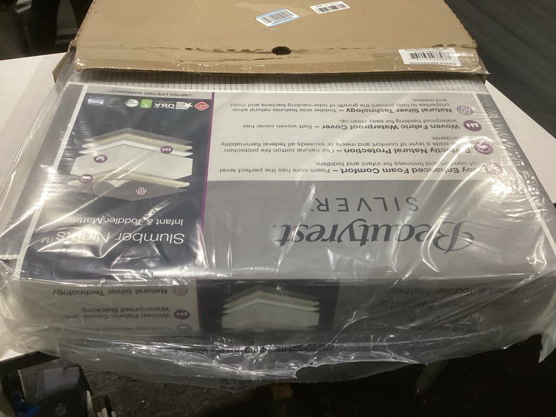 Condition photo showing Good Condition for beautyrest silver slumber nights dual sided 2-stage crib mattress and toddler mattress - greenguard gold – waterproof - plant based soy foam core, grey