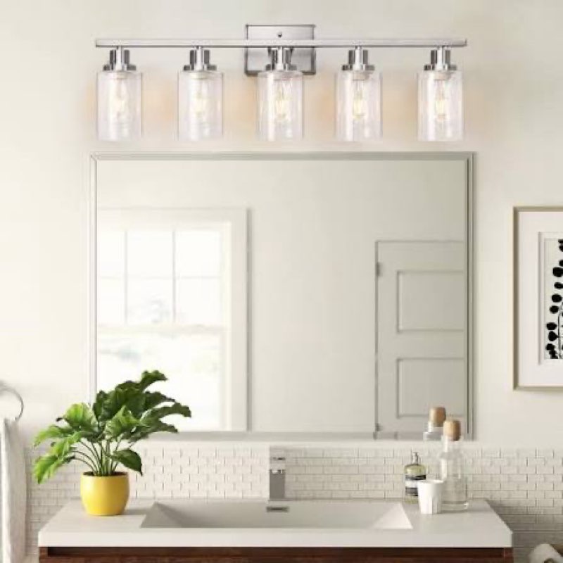 ascher bathroom light fixtures, 5-light vanity lights with clear glass shade, modern brushed nickel