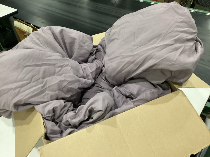Condition photo showing As Is for **comforter only,  o sheets or shams**  bloomhaven queen comforter set - 7 pieces ruffle purple bedding sets, shabby chic farmhouse bed in a bag queen with ruffle comforter, floral sheets, pillowcases & shams dark purple queen