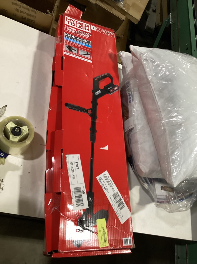 Condition photo showing Good Condition for pre-owned hyper tough 12" 20v brushless cordless string trimmer with 20v max 2.0ah battery and charging cable