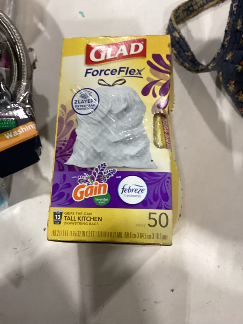 Condition photo showing As Is for glad forceflex + tall kitchen drawstring white trash bags – mediterranean lavender scent with febreze freshness – 13 gallon - 50ct