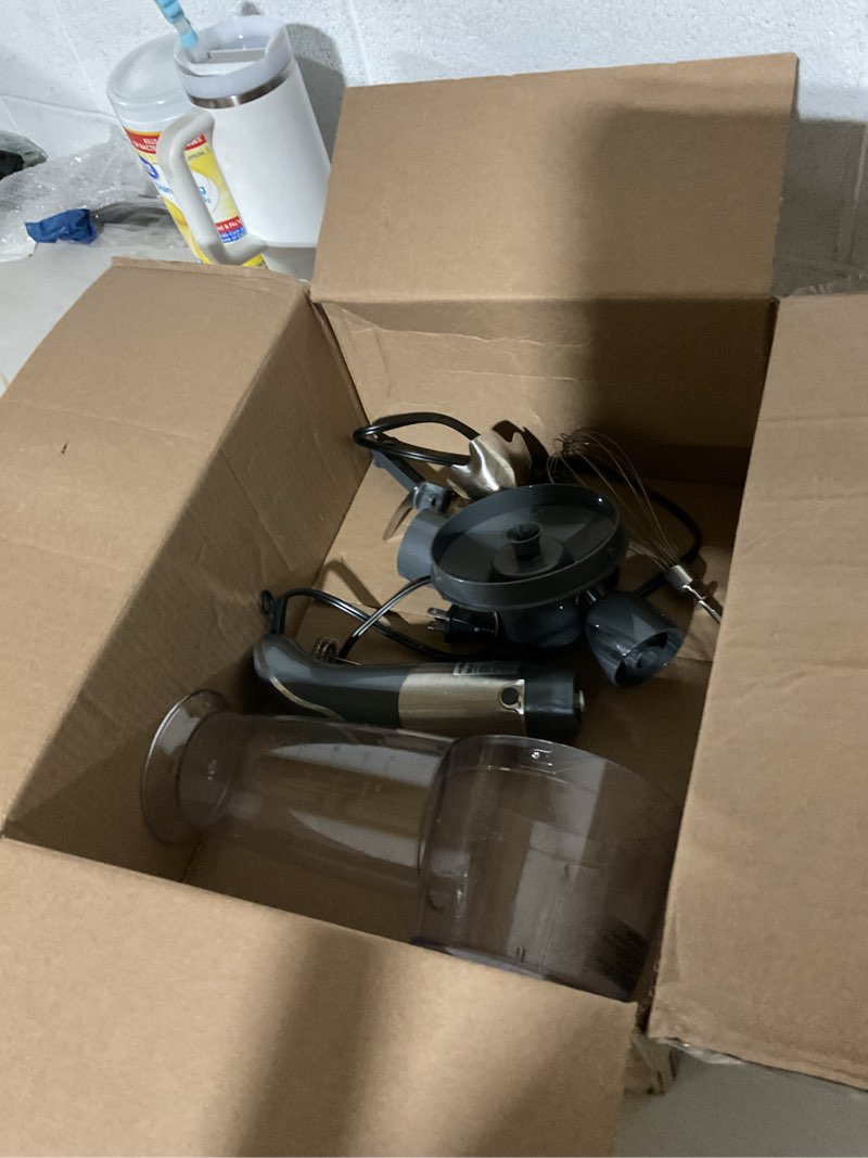 Condition photo showing As Is for mueller multistick 5-in-1 immersion blender handheld,12 speed hand mixer-turbo boost,heaviest duty copper motor,titanium reinforced blades hand blender,milk frother wand,whisk,beaker,chopper,grey