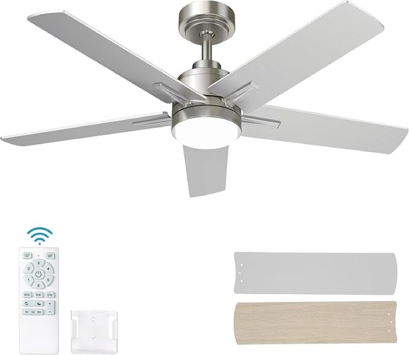 yuhao 48 inch brushed nickel ceiling fan with light and remote control.noiseless,dimmable, 3cct,6 speeds reversible, modern dc ceiling fans for indoor use