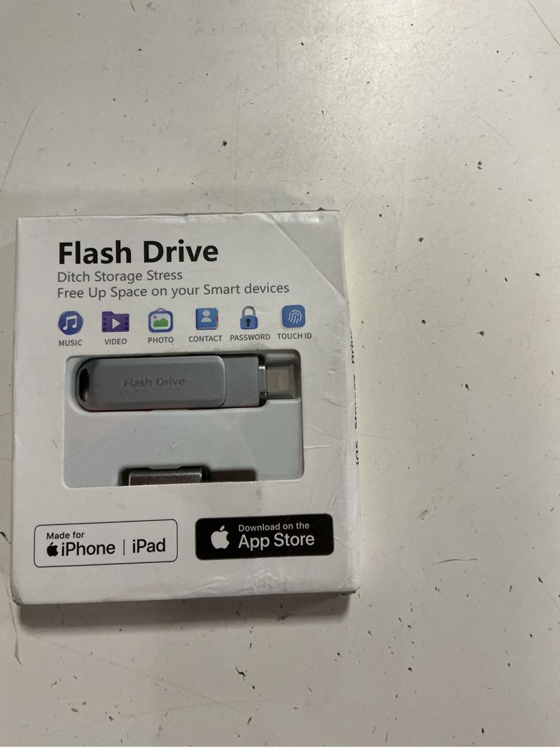 Condition photo showing New/Like New for mfi certified 256gb flash drive photo stick for iphone, external memory photo keeper storage for data saver/backup/transfer files/picture/video/iphone/ipad/ios/android/pc (gray)available space: ~244gb gray 256gb