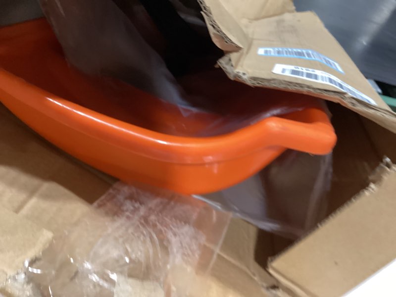 Condition photo showing As Is for Snow Pusher, 24-inch Wide Snow Shovel for Driveway, Snow Removal Tool for Car Garage, Sidewalks and Doorways, Snow Pusher Shovel with Ergonomic Grip and Aluminum Strip, Orange