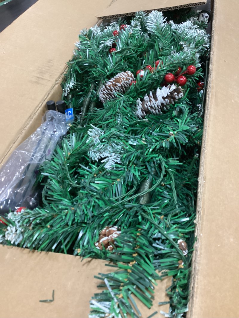 Condition photo showing As Is for snow flocked artificial pine christmas tree w/ foldable metal base