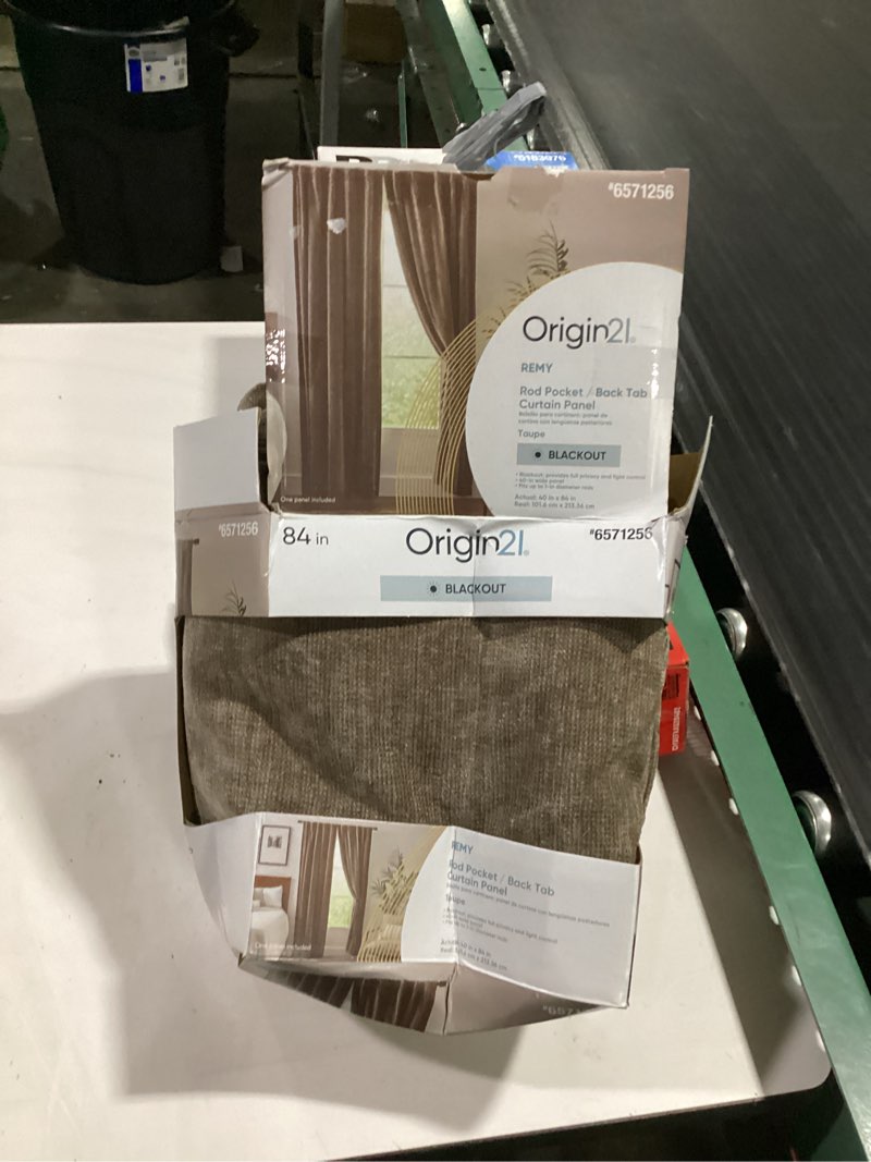 Condition photo showing As Is for origin 21 84-in taupe blackout interlined back tab single curtain panel
