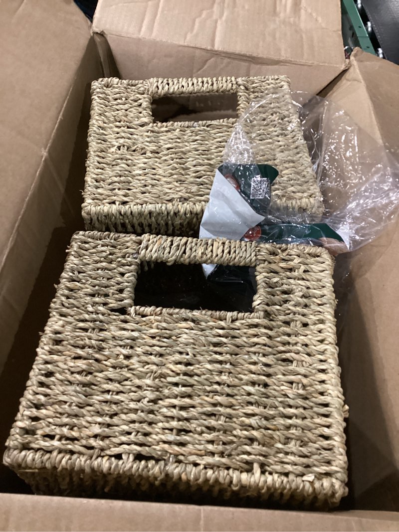 Condition photo showing As Is for homestead 2-pack rectangular seagrass storage baskets with built-in handles, handwoven wicker baskets for pantry, shelf, closet & bathroom organization, 13.25 x 8.25 x 7.25 in 13.5" x 8" seagrass