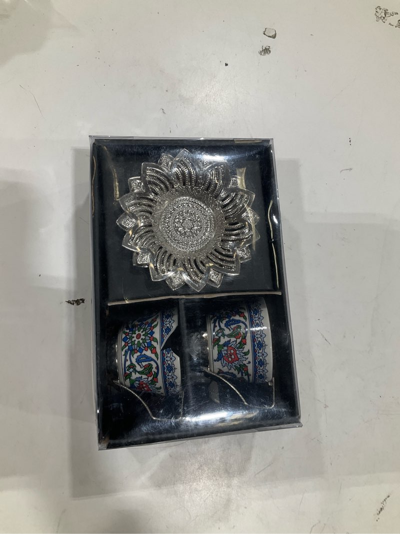 Condition photo showing As Is for alisveristime 2-piece turkish coffee cup set with zamac saucers – topkapi pattern porcelain cups, ottoman style with 2 color options (silver)