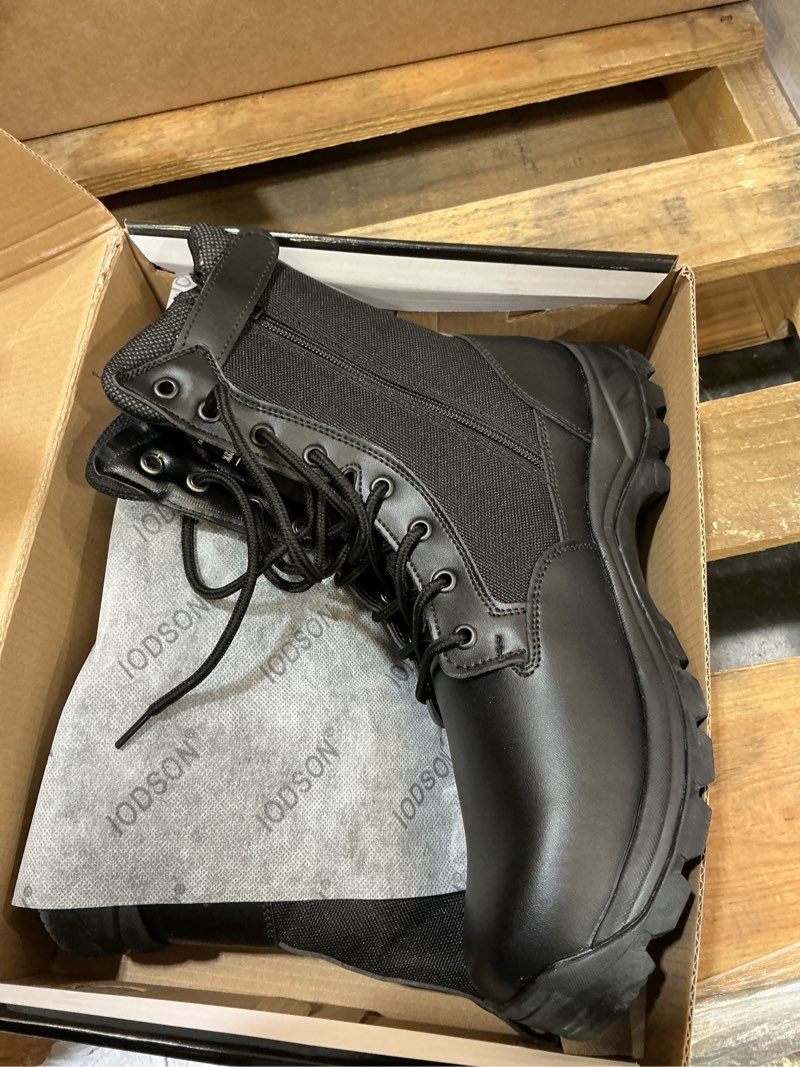 Condition photo showing New/Like New for men's military tactical work boots with side zipper, puncture resistant, desert combat, army jungle, 8 inch lightweight hiking boots 10 black