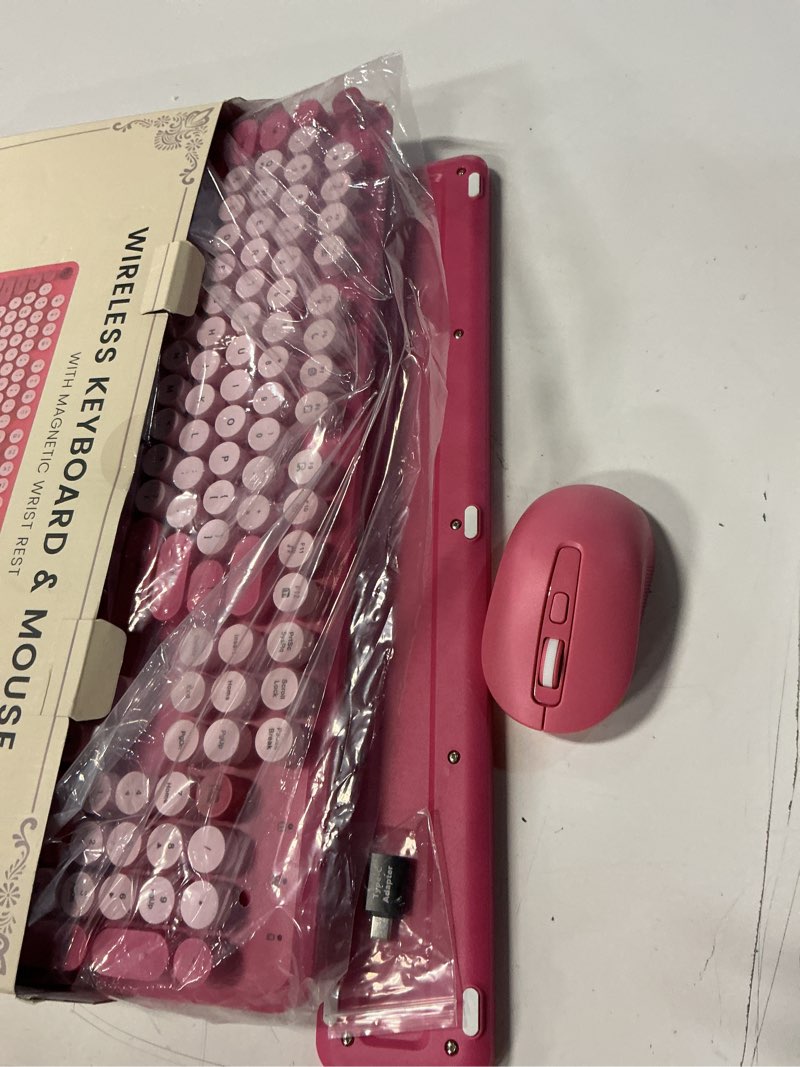 Condition photo showing Good Condition for wireless keyboard and mouse combo - round keycaps, full-size retro typewriter keyboard with detachable wrist rest, sleep mode & tilt legs, 2.4ghz cordless connection for mac/windows/pc (hot pink)