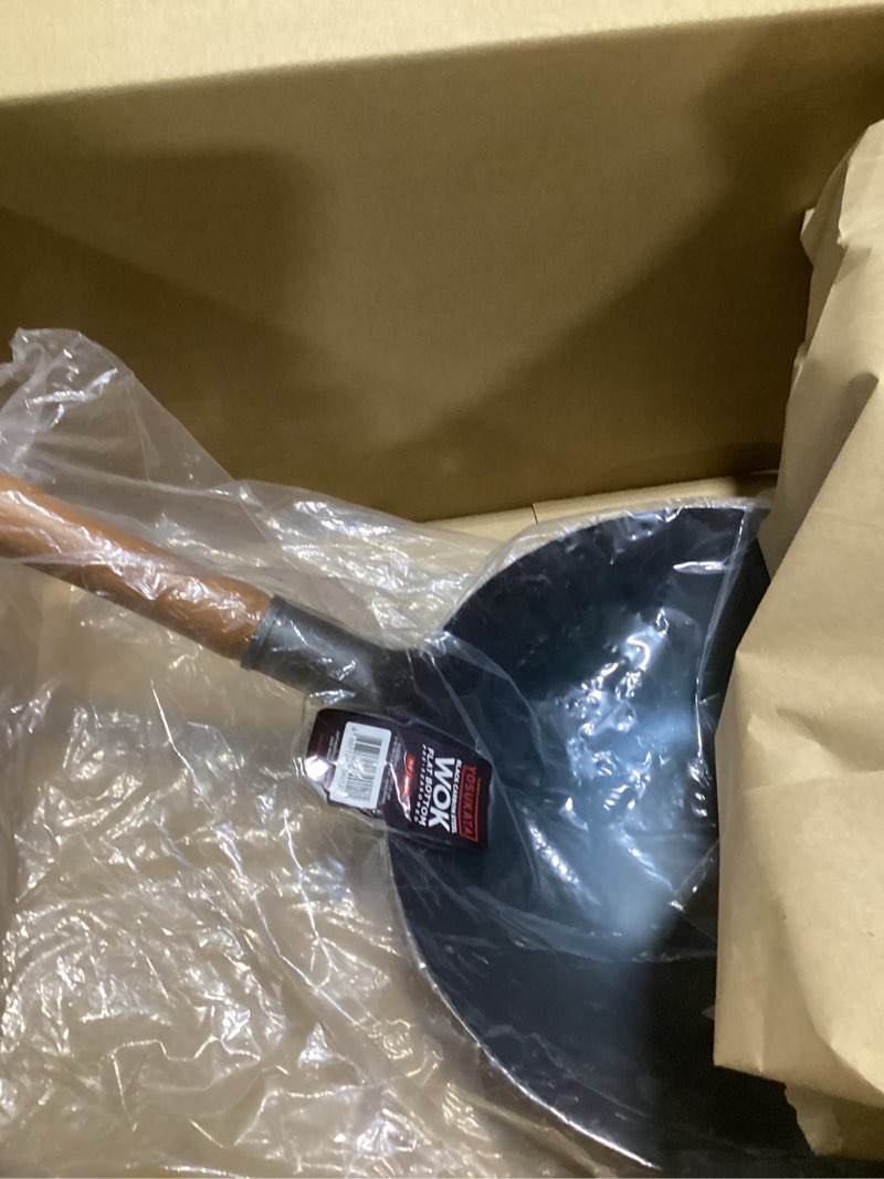 Condition photo showing As Is for YOSUKATA 13.5" Carbon Steel Wok Pan – Pre-Seasoned Flat Bottom Pow Wok for Stir Fry, BBQ, Grill & Camping – Traditional Japanese Chinese Cookware – Compatible with Induction, Electric, Gas, Open Fire