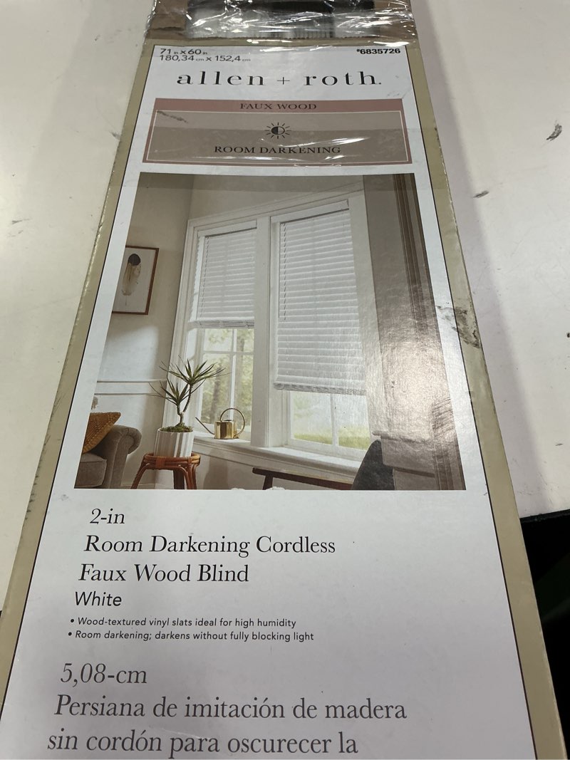 Condition photo showing Good Condition for allen + roth 2-in Slat Width 71-in x 60-in Cordless White Faux wood Room darkening Horizontal