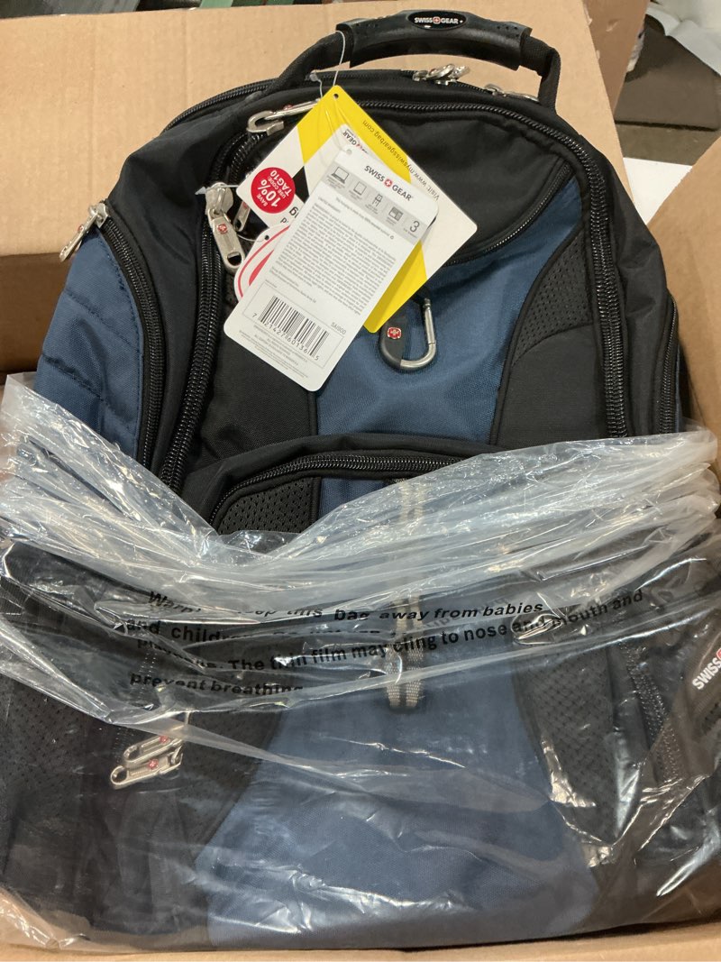 Condition photo showing New/Like New for swissgear 1900 scansmart tsa laptop backpack fits 17 inch laptop with rfid protection and tablet pocket, blue/black, 19-inch 17-inch black/blue
