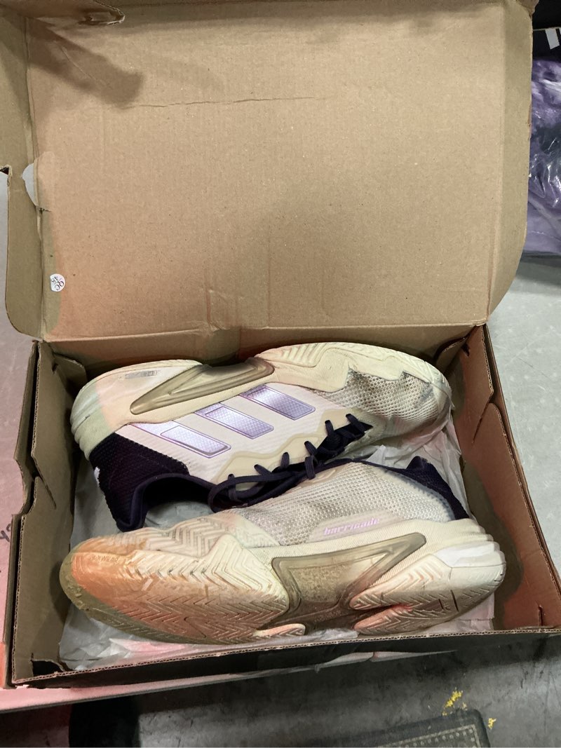 Condition photo showing As Is for adidas womens barricade 13 tennis shoes 10 white/powder plum/aurora plum