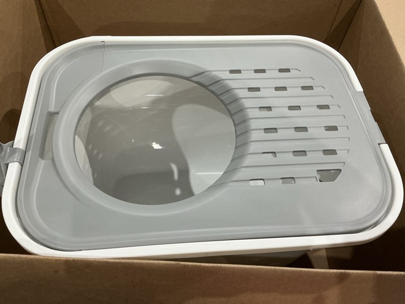 Condition photo showing As Is for top entry cat litter box with scoop, white/gray