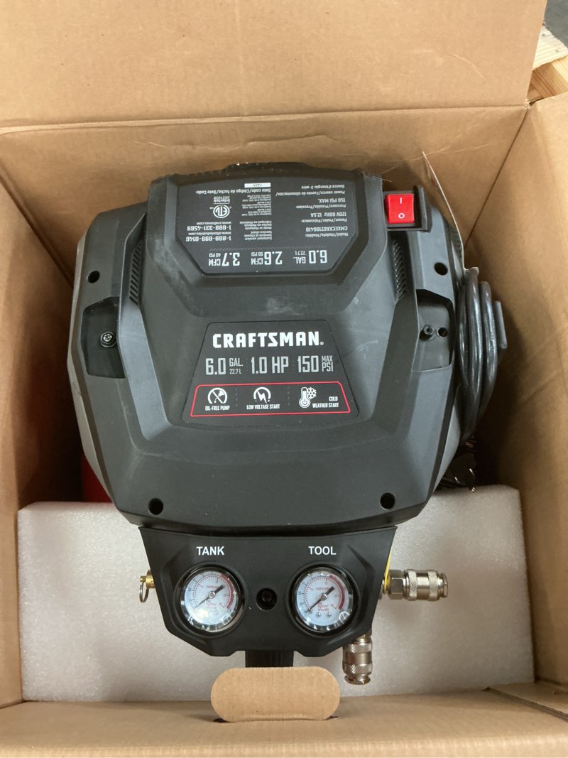 Condition photo showing As Is for craftsman 6-gallon portable electric 150 psi pancake air compressor