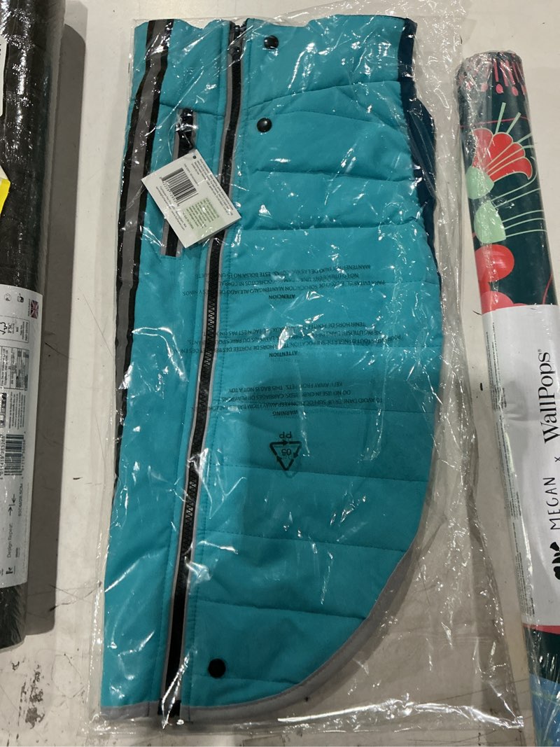 Condition photo showing New/Like New for furhaven water-repellent medium dog coat, washable w/ leash access & stretch fabric - pro-fit active jacket - aquamarine, medium medium pro-fit coat - aquamarine