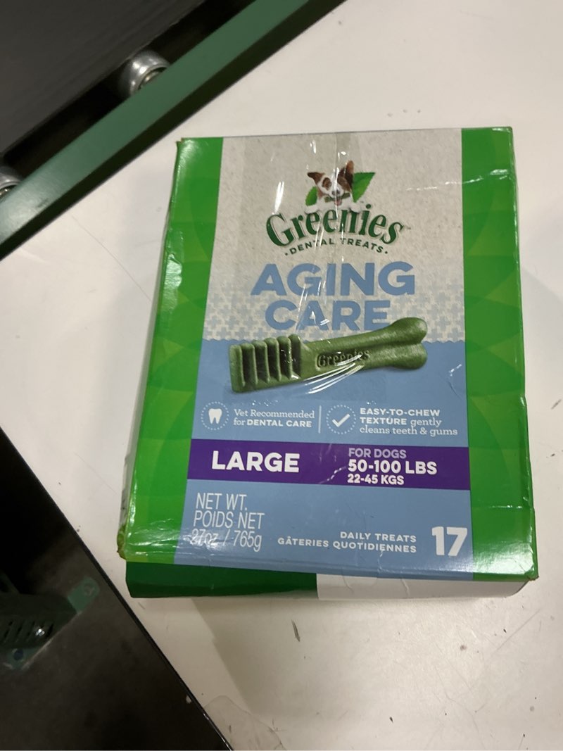Condition photo showing New/Like New for (BBD 27/10/25). Greenies Dental Treats for Dogs, Veterinarian-Recommended Aging Care Adult Natural Dental Dog Treats, Large Size, 27 oz. Pack, 17 Count Aging Care 17 Count (Pack of 1)