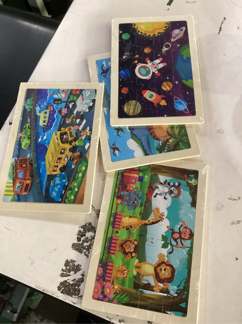 Condition photo showing New/Like New for wooden educational jigsaw puzzles for preschool kids ages 3-5, 4-pack with 20 pieces dinosaur, space, transportation wood puzzles set, toddler brain teaser toys, gifts for boys girls ages 3 4 5 6 mixed styles b
