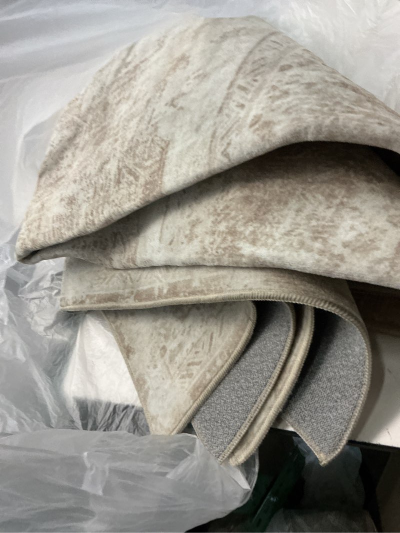 Condition photo showing Good Condition for washable 61 x 82ft rug, beige and gray, abstract, neutral, modern, non-slip, soft, low pile, small, for entryway, office, kitchen, living room, bedroom or foyer