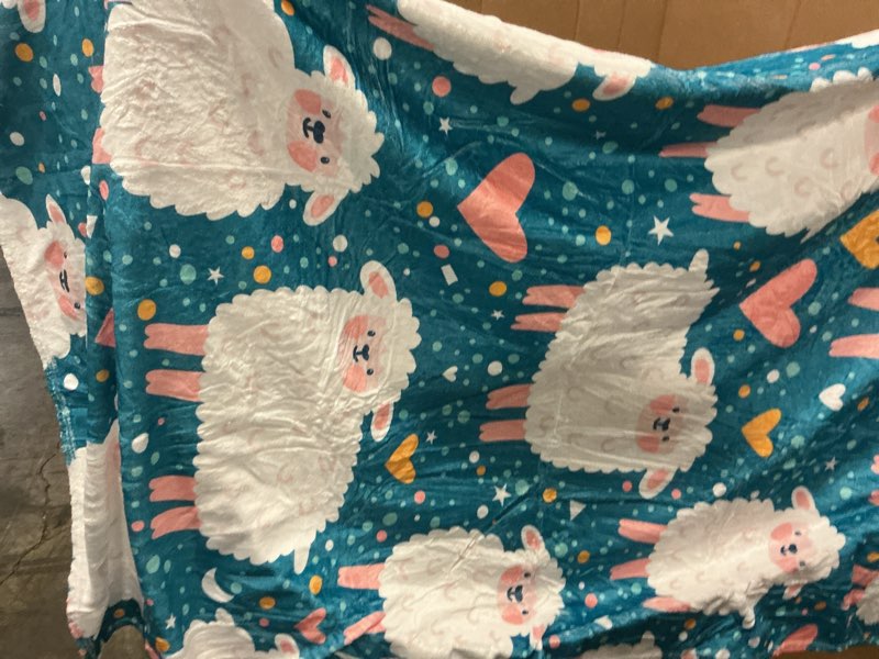 Condition photo showing Good Condition for sheep and hearts on teal fleece blanket