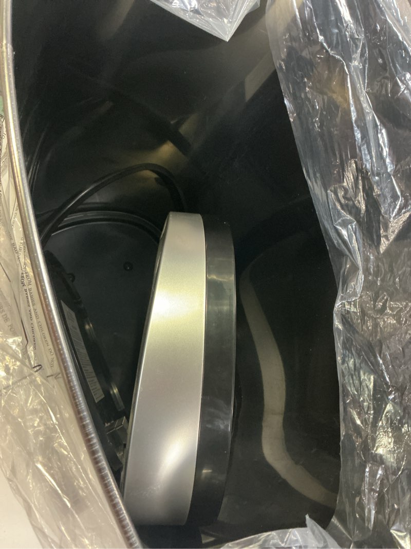 Condition photo showing As Is for bestoffice | 13 gallon trash can with lid | automatic touchless garbage can | odor control | modern oval design | easy to clean | stainless steel | fits any kitchen, bathroom, office or home stainless steel stainless steel