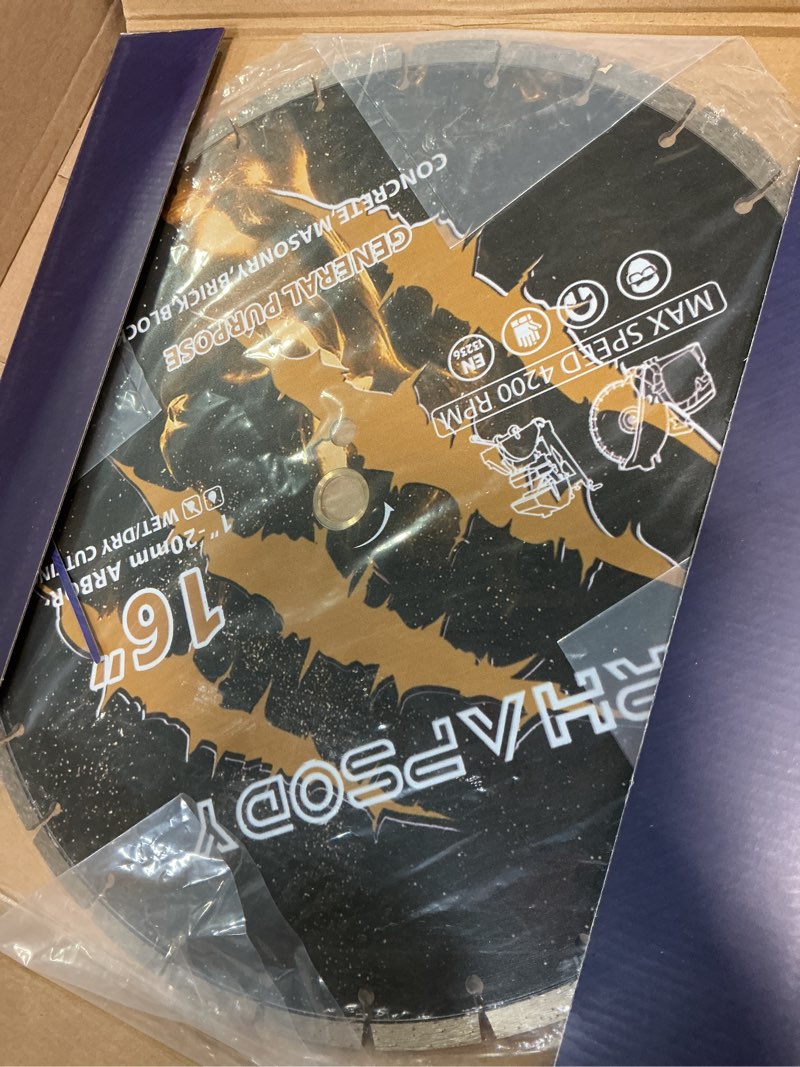 Condition photo showing Good Condition for rhapsody 16 inch diamond saw blade, segmented general purpose blade dry/wet cutting concrete, masonry, brick, block, paver 1"-20mm arbor 16inch