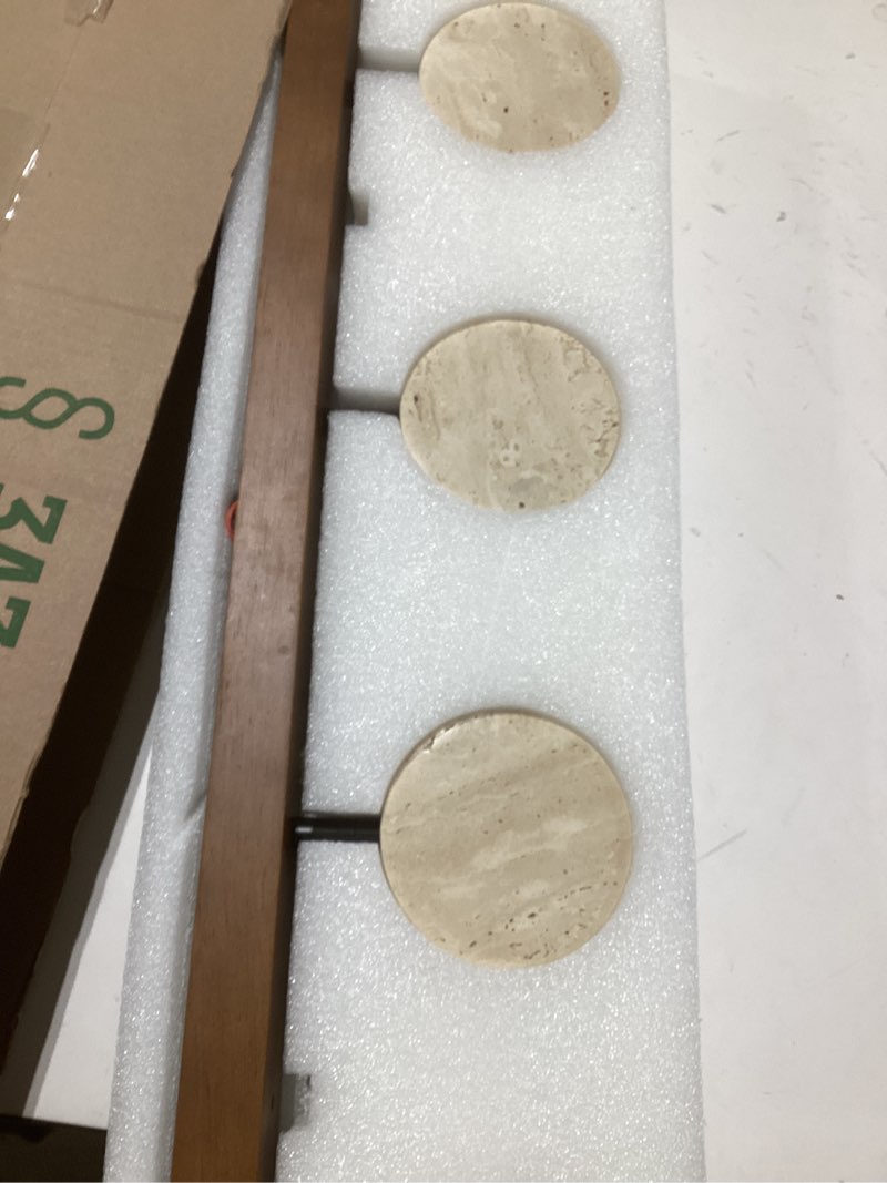 Condition photo showing New/Like New for Farmhouse Wood Vanity Light Fixture Nordic Style Stone Wall Lamp Natural Travertine Shade Linear Bathroom Wall Sconce 4 Lights Rotatable LED Wall Light Over Mirror - Natural Wood Color Natural 4 Lights