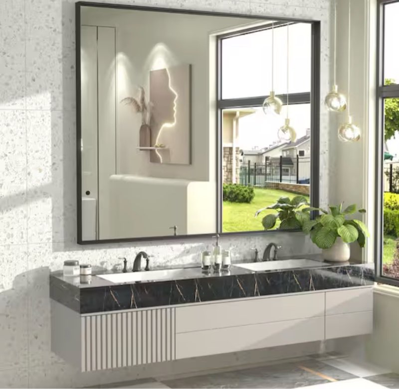 48 in. w x 40 in. h rectangular aluminum alloy framed and tempered glass wall bathroom vanity mirror in matte black