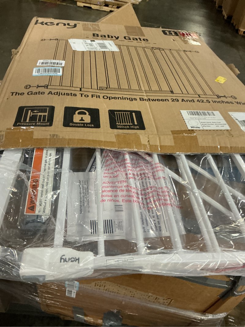 Condition photo showing New/Like New for keny 29"-42.5" baby gate for stairs, auto close safety dog gate, pressure mounted easy walk through pet gate for doorways, durable stair gate, 30" tall, white white 29-42.5"wide, 30"tall